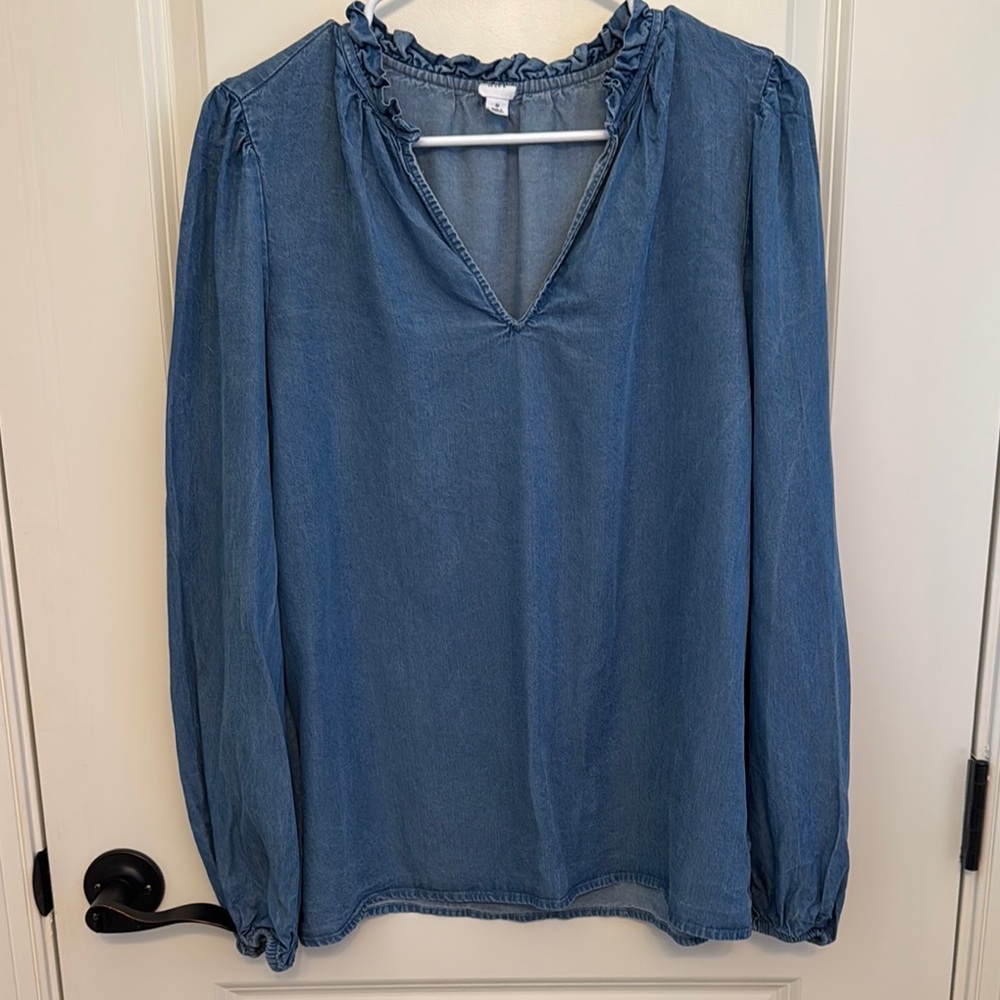 GAP Denim Blue Ruffle V-Neck Blouse